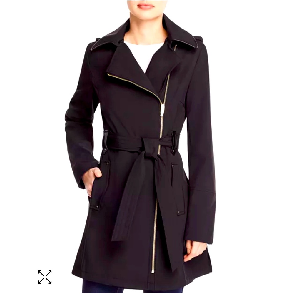 Via Spiga Asymmetrical belted Trench with hood, Black, Size Medium, NWT!!